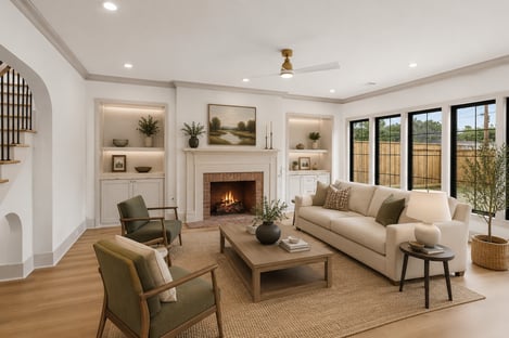 Custom home living room with fireplace