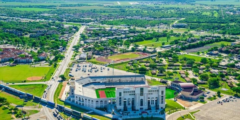 San Marcos Texas Aerial Panoramic Skyline, TXST Bobcat Stadium